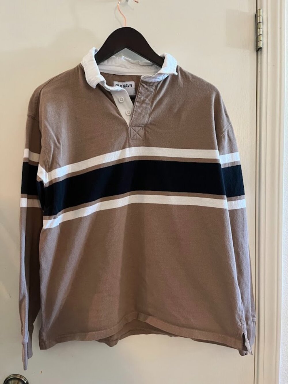 Old Navy Long Sleeve Rugby Polo Shirt Men's Medium Tan Navy White Stripe Y2K Pre